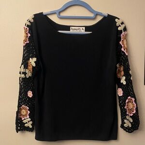 Joseph A Black Top with Floral Crochet Sleeves